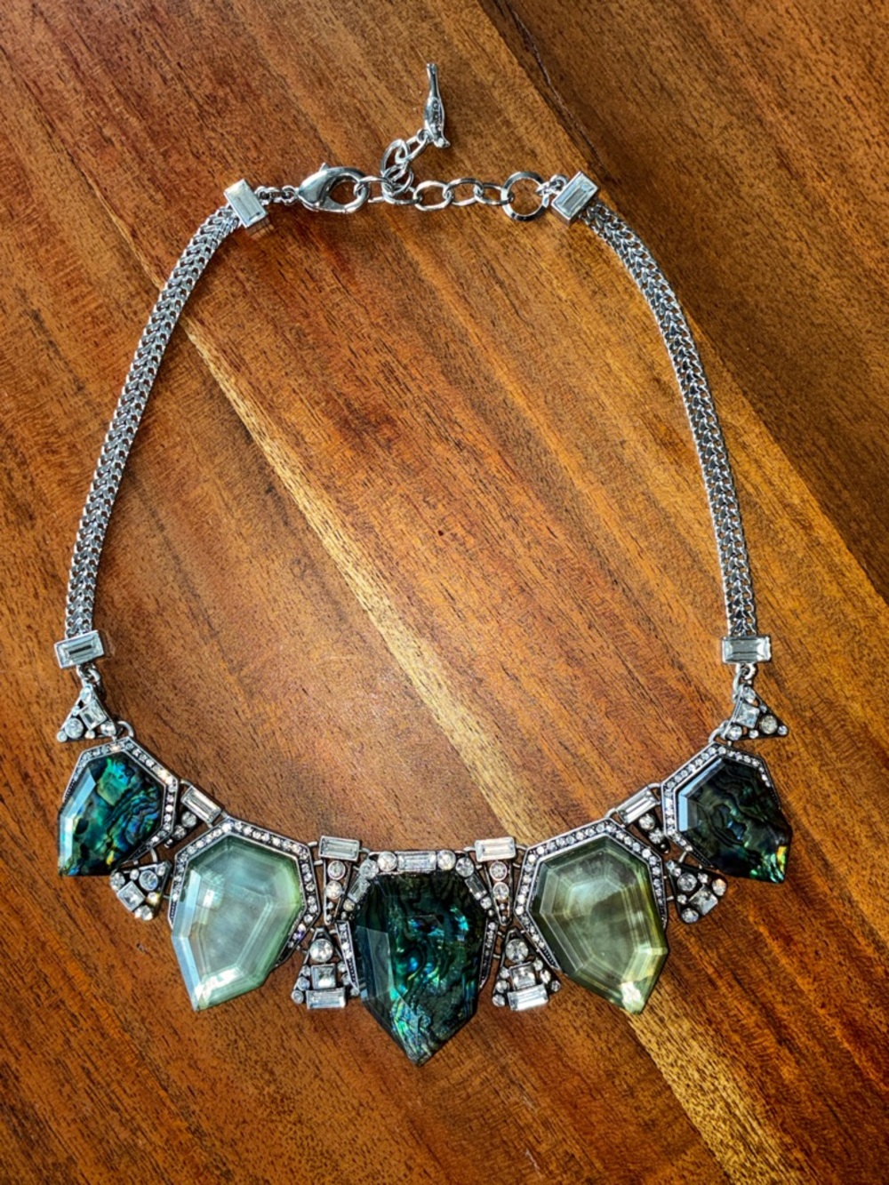 Chloe + Isabel Statement Bib Necklace Green Stone Abalone Style Crystal Silver